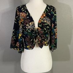 Miss Selfie Floral Tie Front Blouse Sz L Large Multicolor Flowers Floral Black Blue Orange Yellow Cream Pink Green Tan Brown Pool, Beach, Swim Cover Up Crop Top Elbow Sleeves Bell Sleeve Open Front Tie Front Blouse Easy Breezy Loose Cover Up Lightweight Pull On Machine Washable 100% Rayon Theme: Boho, Preppy, Classic, Modern, Minimalist, Tropical, Vacation, Capsule, Resort, Spring, Summer, Bohemian, Bride, Bachelorette, Festival, Chic, Trendy, Honeymoon, Hair Stylist, Teacher, Concert, Bar, Trav Vacation Rayon Blouse With Floral Print, Floral Print Rayon Blouse For Vacation, Bohemian Fitted Rayon Top, Multicolor Rayon Blouse For Spring, Fitted Bohemian Rayon Top, Fitted Rayon Blouse For Vacation, Bohemian Patterned Rayon Blouse, Bohemian Printed Tops For Brunch, Fitted Boho Print Blouse For Spring