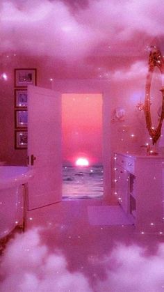 an open door leading into a bathroom with pink clouds