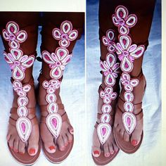 Original African-Handmade Flat-Heeled Sandals (From Kenya And Nairobi); Brown-Leather Strappy, Long Gladiator-Style Sandals, Color: Pink/Raspberry/White Masai Hand-Beaded Design Up The Front Of The Leg (Mid-Calf High), 3 Ties Around Back Of Leg; Size: 40 (Us 9). Handmade White Barefoot Sandals For Vacation, Handmade White Barefoot Sandals For Summer, Beaded Pink Sandals For Summer, Pink Beaded Sandals For Summer, Adjustable Pink Bohemian Sandals, Pink Beaded Sandals For Spring, White Bohemian Sandals With Single Toe Strap, Handmade White Ankle Strap Sandals, Pink Beaded Open Toe Sandals