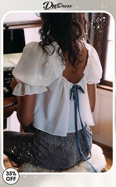 Bow Tie Low Back Puff Sleeve Blouse Blouse Pictures, Trendy Tunic, 2022 Aesthetic, Stone Cold Fox, Baby Top, Satin Blouses, Crisp White Shirt, Stone Cold, Tie Styles