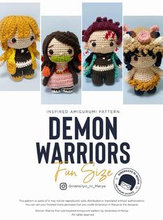 crocheted dolls are featured in the book demon warriors, featuring four different outfits