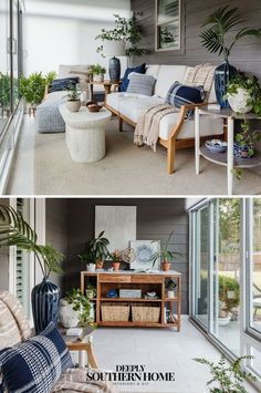 two pictures of different rooms with plants and furniture in them, the same room is empty