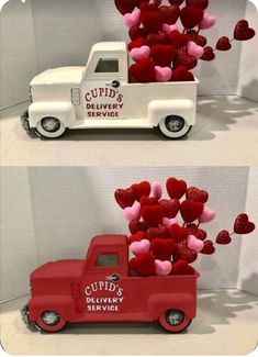 two pictures of a truck with hearts in the bed and on the back that says cupid's delivery