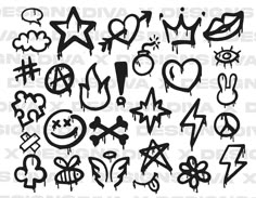 various graffiti designs and symbols on a white background