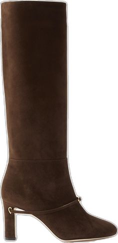 Luxury Leather Mid-calf Boots, Luxury Calf Leather Mid-calf Boots, Designer Calf Leather Knee-high Boots, Luxury Brown Suede Heeled Boots, Luxury Suede Knee-high Boots, Designer Calf Leather Boots With Suede Lining, Luxury Boots With Almond Toe And Contrasting Heel, Suede Knee Boots, Boots Knee