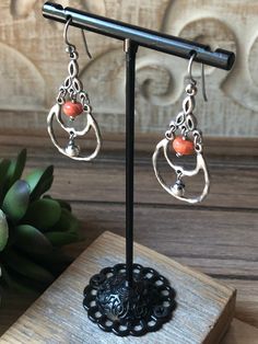 "~ Sterling Silver Teardrop Earrings with Sponge Coral Dangle Accent ~ 1 1/2\" Long ~ .925 & Silpada Logo Stamped ~ Excellent Condition Display Item" Metal Long Drop Earrings With Dangling Beads, Adjustable Nickel-free Teardrop Chandelier Earrings, Orange Metal Earrings, Adjustable Metal Dangle Chandelier Earrings, Nickel-free Long Drop Teardrop Earrings, Nickel Free Long Drop Teardrop Earrings, Pierced Metal Teardrop Chandelier Earrings, Metal Teardrop Pendant Earrings, Teardrop Metal Chandelier Earrings