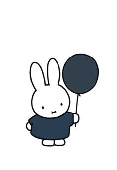 a rabbit holding a balloon in its hand and wearing a blue shirt with an animal on it