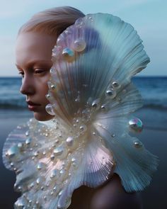 a woman is standing on the beach with her hair blowing in the wind and holding a large seashell