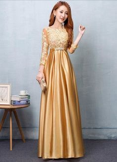 Gold Evening Dress, Prom Dress Lace, Robes D'occasion, Gold Evening Dresses, Fabric Embellishment, Satin Evening Dresses, Mother Wedding Dress, Applique Wedding, Dress Sash