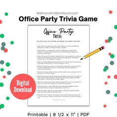 the office party trivia game is shown with a pencil on it and confetti around