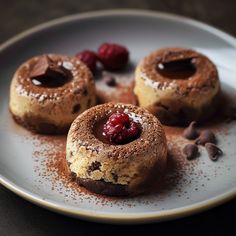 three desserts on a plate with chocolate chips and raspberries