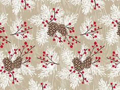 a pattern with pine cones and berries on a beige background that has white snowflakes