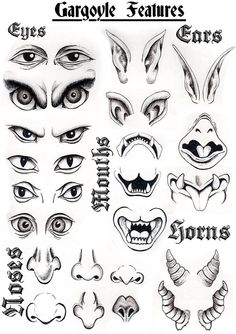 an image of various scary eyes and demon's head tattoo designs on white paper