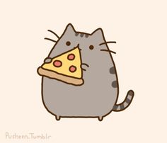 a cartoon cat eating a slice of pizza