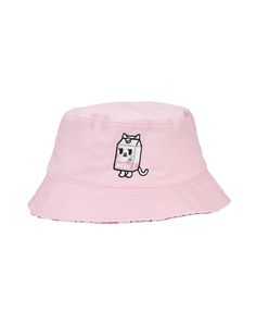 Details: - Fully reversible bucket hat - Side one: pink with embroidered graphic on the front featuring Bianca Latte! - Side two: Sublimation print with “Strawberry “ written in Japanese - Material: 100% polyester - Print placement will vary- One size fits most Playful Pink Bucket Hat, Cute Pink Bucket Hat With Curved Brim, Casual Pink Reversible Hat, Fun Cotton Hat Reversible, Fun Reversible Cotton Hat, Pink Reversible Bucket Hat With Curved Brim, Reversible Cotton Bucket Hat, Adjustable Pink Cotton Bucket Hat, Playful Pink Bucket Hat With Curved Brim