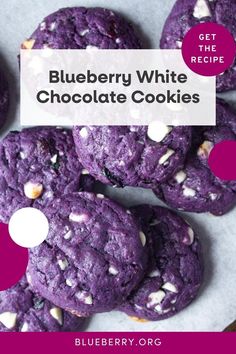 blueberry white chocolate cookies on a plate with text overlay that reads get the recipe