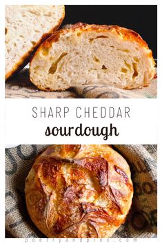 two different types of sourdough breads on a cloth with the words sharp cheddar sourdough