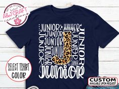 Celebrate the start of high school or college with this Junior Class with leopard print center letter typography design T-shirt! Perfect for teachers, professors, students, and parents, this unisex shirt is made from high-quality materials for comfort and durability. Ideal for school staff and Junior pride, it makes a great gift for back-to-school, Teacher Appreciation Week, or any occasion. Show your support for high school and college Junior with this stylish and thoughtful tee! Overview:  * Leopard Print Graphic Tee With Lettering, Leopard Print Crew Neck T-shirt With Letter Print, J Craft, Class Shirt, High School Classes, School Staff, Teacher Appreciation Week, Front Design, Printing Center