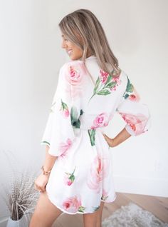 Floral Robes - Spring Rose Cute Floral Print Sleepwear For Spring, Feminine Floral Print Sleepwear For Wedding Night, Feminine Pink Sleepwear For Wedding, Pink Feminine Sleepwear For Wedding, Spring Wedding Night Pink Sleepwear, Pink Summer Dress For Bridal Shower, Summer Wedding Night Floral Print Sleepwear, White Summer Sleepwear For Bridesmaids, Summer Wedding Night Floral Sleepwear