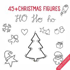 the christmas tree is drawn in black and white, with words below it that read 45 + christmas figures