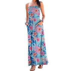 A glamorous maxi dress that is perfect for warm weather. * Bandeau-style featuring an elastic insert at the neckline * Double-layered finish at the top on the front * Ruched at the side and features pockets at the hips * Made from a soft, flowy material * Belt not included * Print may vary * Length approx. 48.5 inches * Skirt length approx. 37.5 inches * 95% Viscose, 5% Elastane. Imported. * Machine wash cold with like colors, inside out * Hang to dry or lay flat Light Blue Maxi Dress For Spring Vacation, Spring Vacation Light Blue Maxi Dress, Blue Maxi Length Floral Dress For Beach, Casual Strapless Maxi Dress For Beach Season, Strapless Tropical Print Summer Dress, Blue Maxi Beach Dress For Spring, Turquoise Flowy Maxi Dress For Spring, Blue Floral Maxi Dress For Vacation, Spring Turquoise Flowy Maxi Dress