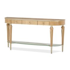 a wooden console table with two drawers and glass shelves on one side, against a white background