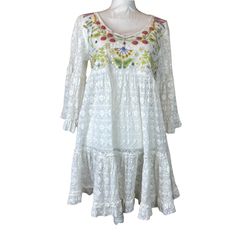 New With Tags Pretty Dress Or Top By Antica Sartoria. White Lace With Floral Embroidery On The Chest. Long Bell Sleeves. Women’s Size S Small. No Flaws. Measurements Taken Flat Armpit To Armpit: 19” Shoulder To Shoulder: 16” Length: 34” Sleeve: 17” Fast Shipping! White Peasant V-neck Dress, Flowy Lace Dresses With Floral Embroidery, Embroidered White Long Sleeve Mini Dress, White Long Sleeve Embroidered Mini Dress, White Embroidered Long Sleeve Mini Dress, Lace Mini Dress With Floral Embroidery For Brunch, Off White Lace Dress With Floral Embroidery, Off White Dresses With Intricate Embroidery For Summer, White Long Sleeve Embroidered Dress With Floral Print