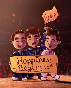 three men holding a sign that says happiness begins your