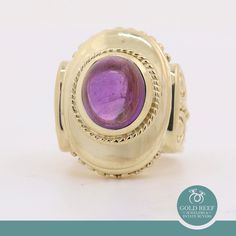 Estate 4.00 CTW Cabochon Amethyst Statement Ring 14K Yellow Gold Size 5.75 Metal: 14K Yellow Gold  Hallmark: 14K Measurements: 24.20 Mm In Width & 13 Mm In Height (Tapering Down To 7 Mm At The Bottom Of The Ring's Shank) Ring Size: 5.75(Resizable)* *For resizing, please purchase the respective resizing fee amount, along with your ring. Weight: 22.9 Gr Total Gram Weight Center Gemstone: One Oval Cabochon Amethyst Gemstone, measuring 11.60 x 9.55 mm, weighing 4.00 CTW Inventory Number: RGV-1420473 Gold Amethyst Birthstone Ring Heirloom Style, Gold Amethyst Ring In 14k Gold, Gold Heirloom Amethyst Gemstone Ring, Gold Heirloom Amethyst Ring, Heirloom Gold Amethyst Birthstone Ring, Gold Amethyst Ring With Bezel Setting, Yellow Gold Amethyst Ring Stamped 14k, Gold Amethyst Ring Stamped 14k, Yellow Gold Oval Cabochon Gemstones For Anniversary