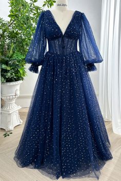 MissJophiel Corset V Neck Long Puffy Sleeves Star Tulle Navy Dress Patterned Bridesmaid, Long Puffy Sleeves, 2024 Prom, Dream Aesthetic, Puffy Sleeves, Prom Party, Tea Length, Navy Dress, Dress Ideas