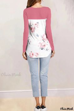 Olivia Mark - Premium Pink Patchwork Print Womens Casual Top Pink Spliced Top For Fall, Pink Long Sleeve Tops With Floral Patchwork, Casual White Tops With Floral Patchwork, Casual Pink Tops With Floral Patchwork, Pink Grass, Patchwork Top, Grass Green, Tops Online, Casual Tops For Women