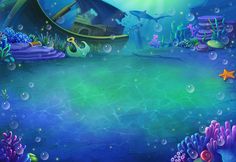 an underwater scene with a boat in the water and sea life around it, as well as other marine creatures