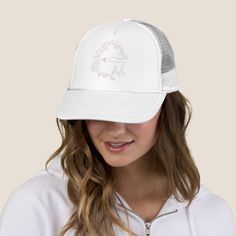 Monogram Stylish Modern Blush Dusty Pink Name Trucker Hat Spring Flat Brim Trucker Hat, Spring Gift Trucker Hat With Curved Brim, White Baseball Cap As Spring Gift, White Baseball Cap As A Spring Gift, Pink Name, Beach Running, Pink Names, Ashley Johnson, Customized Photo Gifts