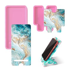 three pieces of pink, blue and gold phone case with matching holder for samsung phones