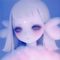 a doll with white hair and big eyes is staring at something in the sky behind her