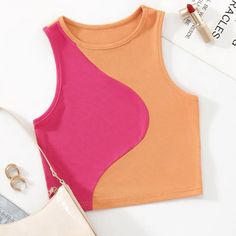 Pink & Orange Swirl Crop Top Summer Must Have, Trendy Colors And Comfortable Wear. Camisole Top Outfit, Knitted Outfits For Women, Indie Outfit Inspo, Ribbed Knit Tank Top, Trendy Tank Tops, Teen Outfits, Fashion Top Outfits, Colorful Crop Tops, Women Tank Tops