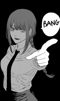 an anime character pointing at something with the word bang above her head, in black and white