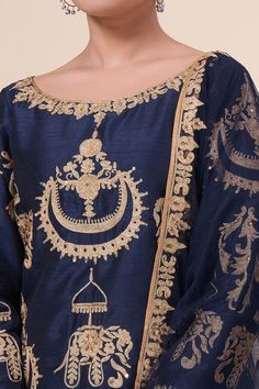 Blue kurta with aari thread embroidered elephant motifs and sequin embellishments. Comes with salwar and dupatta. - Aza Fashions Blue Silk Salwar Kameez With Intricate Embroidery, Blue Chanderi Anarkali Set With Intricate Embroidery, Blue Salwar Kameez With Intricate Embroidery In Jamawar, Blue Jamawar Salwar Kameez With Intricate Embroidery, Blue Embroidered Jamawar Sets, Embroidered Blue Raw Silk Salwar Kameez, Blue Raw Silk Unstitched Suit With Dabka Work, Blue Salwar Kameez With Intricate Embroidery, Silk Blue Kurta With Intricate Embroidery