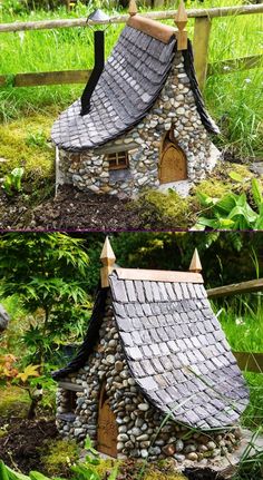 two pictures of a small house made out of rocks