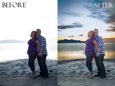 a couple is standing on the beach with their arms around each other and posing for an advertisement