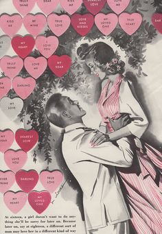 a man and woman embracing each other in front of many heart shaped balloons with words written on them