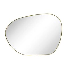 an oval shaped mirror with gold trim on the bottom and sides, against a white background