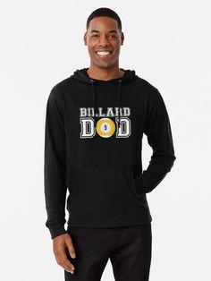 a man wearing a black hoodie with the words billard dad printed on it