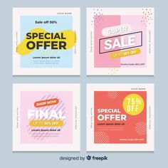 four sale flyers with different colors and shapes for special offers on the same page,