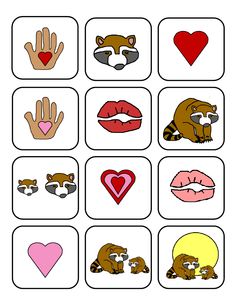 the four different pictures have hearts, hands, and animals on them with faces drawn in squares