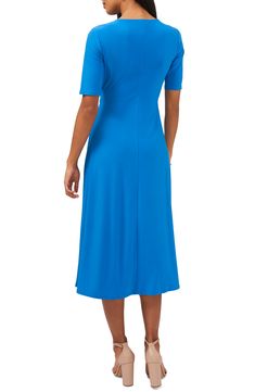 Simple and classic, this midi dress styled with a surplice neck and elbow-length sleeves is easy to accessorize for work or the weekend. 46 1/2" length Surplice V-neck Elbow-length sleeves Unlined 95% polyester, 5% spandex Machine wash, tumble dry Imported Blue Midi Length V-neck Dress For Formal Occasions, Flattering V-neck Midi Dress For Work, Flattering Midi Dress With Surplice Neckline For Formal Occasions, Flattering Formal Midi Dress With Surplice Neckline, Blue Midi-length V-neck Dress For Formal Occasions, Flattering Blue Midi Dress, Elegant Blue Midi Dress With Surplice Neckline, Blue Short Sleeve Midi Dress For Formal Occasions, Blue Midi Length V-neck Formal Dress