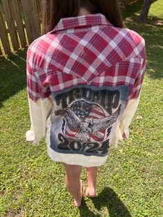 One of a kind Trump 2024 flannel shirt.  Bleach Distressed designed splash down with lace detail shoulders.  Mens size medium...runs a little smaller similar to a women's size small.  Perfect piece for the Conservative woman.  Each piece is prayerfully designed by me and unique and beautiful in it's own way...just how God created you! Conservative Woman, Upcycle Clothes Diy, Clothes Diy, Upcycle Clothes, Flannel Shirt, Diy Clothes, Lace Detail, Womens Clothing Tops, Duvet