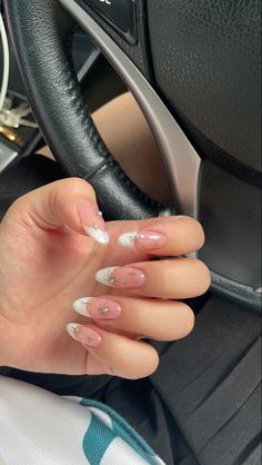 Acrylic Nail Designs With Pearls, Pearl Tipped Nails, White French Tip With Gold Stars, White Glitter French Tip Nails Almond, White And Gold French Tip Nails Almond, Off White French Nails, Pearl White Almond Nails, White French Tip Design Nails, Pearly White French Tip Nails