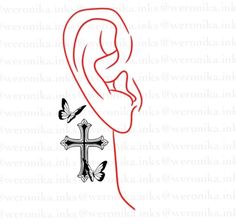 an ear with a cross on it and two birds flying around the ear, in red ink