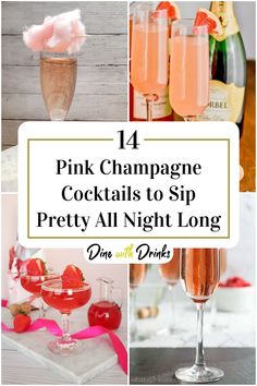 Collage of 4 pink champagne cocktails. Pink Drinks With Champagne, Pink Champagne Punch Recipes, Pink Champagne Cocktail, Pink Prosecco Cocktail, Champagne Drink Ideas, Pink Champagne Drinks, Champagne Drinks Recipes, Drinks With Champagne